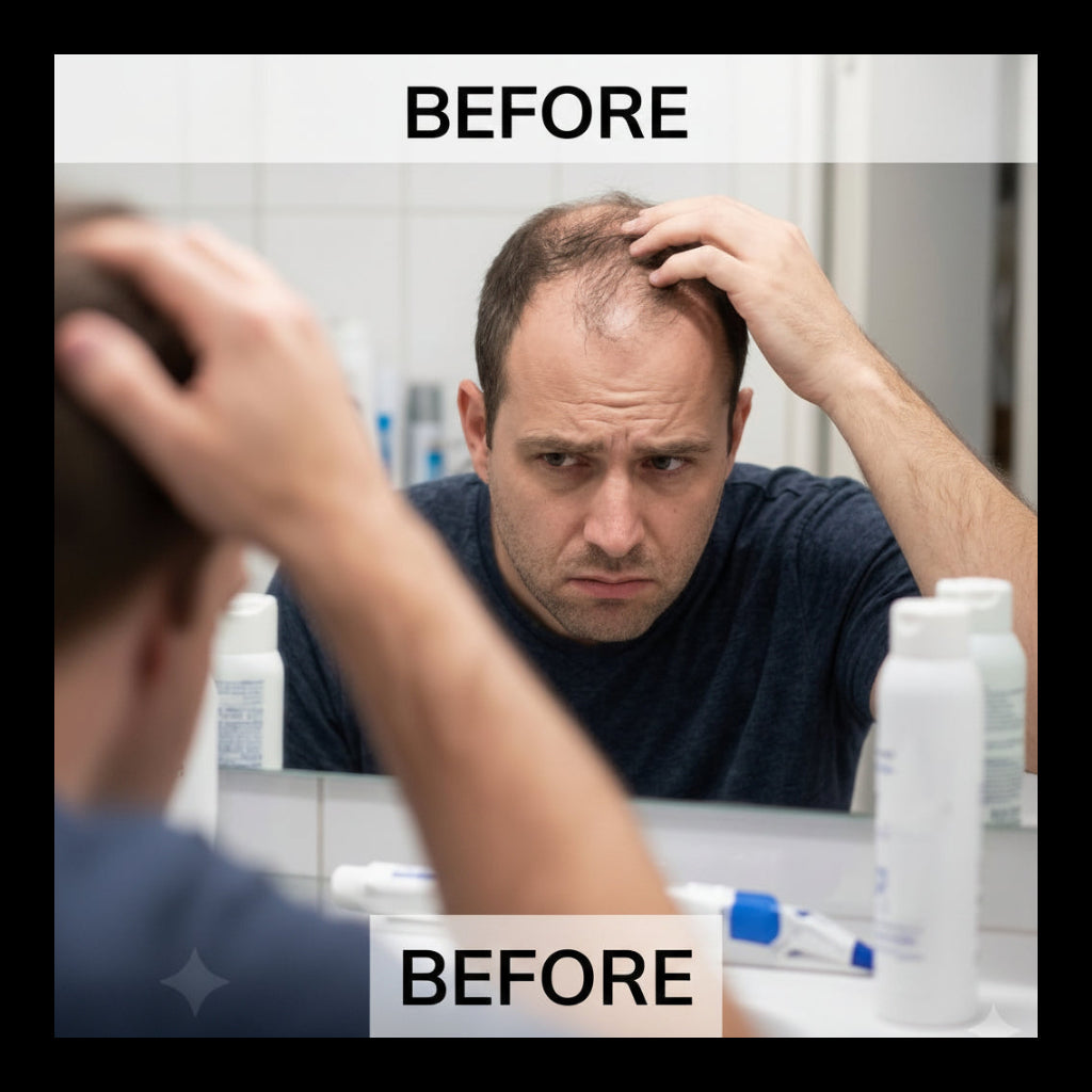 A man looking at his reflection in a bathroom mirror, touching his thinning hair, with the word 'BEFORE' overlaid at the top and bottom.