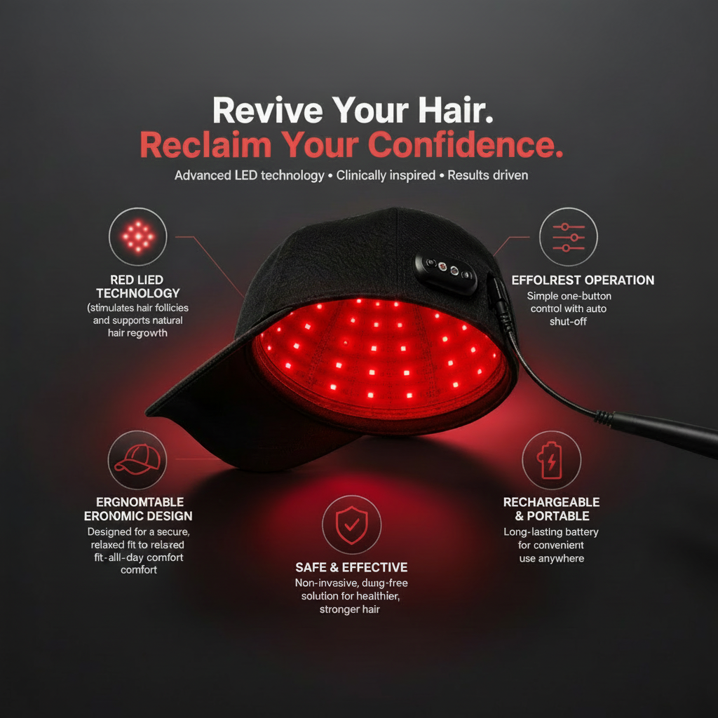 A black LED hair growth cap glowing with red light, shown on a dark background with marketing text and callout icons highlighting features like red LED technology, easy one-button control, rechargeable battery, and comfort.
